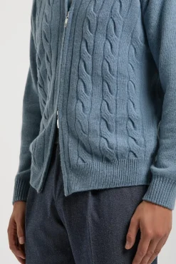 Bleu clair en maille torsadée à fermeture zippée intégrale – Made in Italy