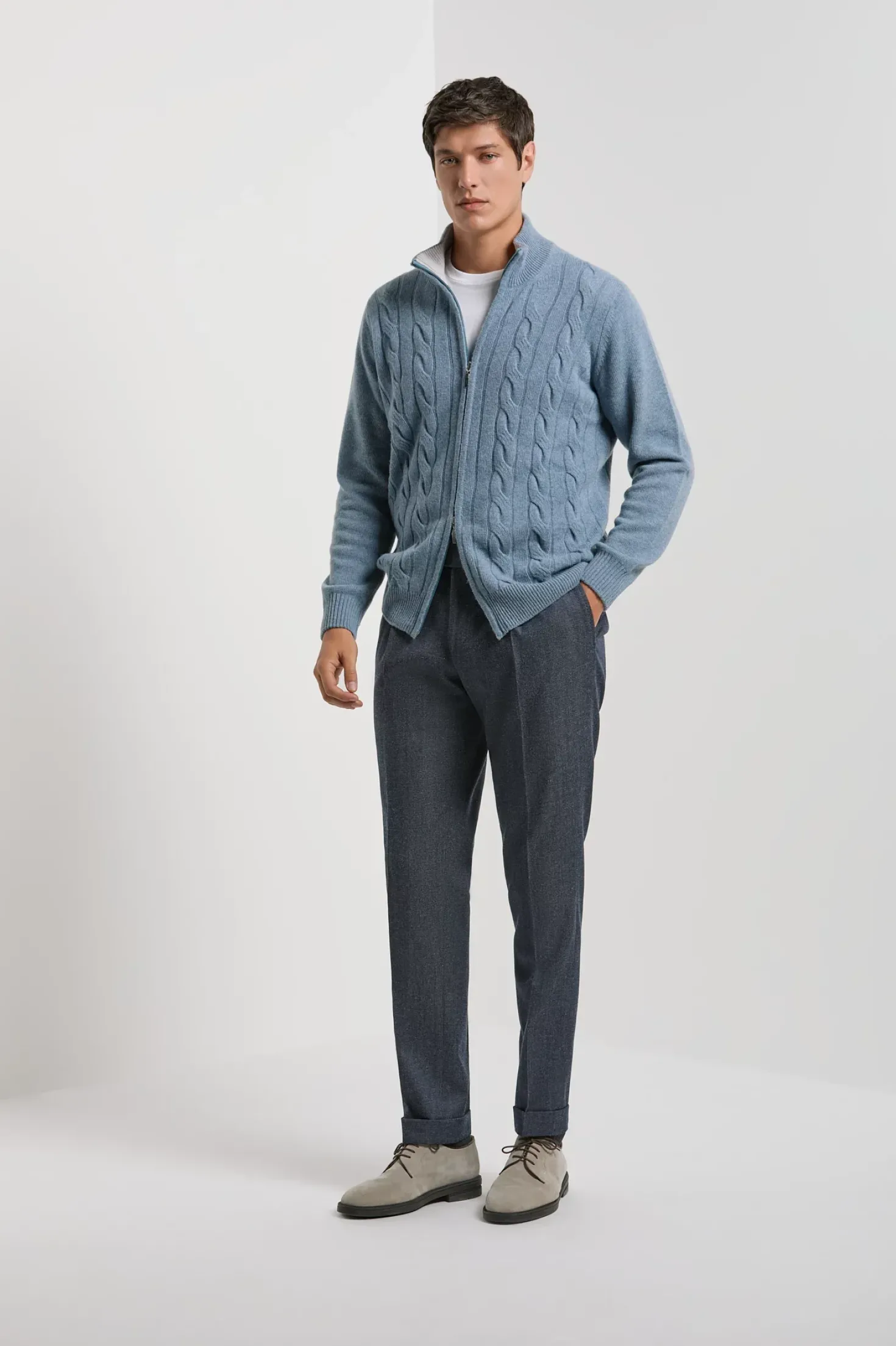 Bleu clair en maille torsadée à fermeture zippée intégrale – Made in Italy