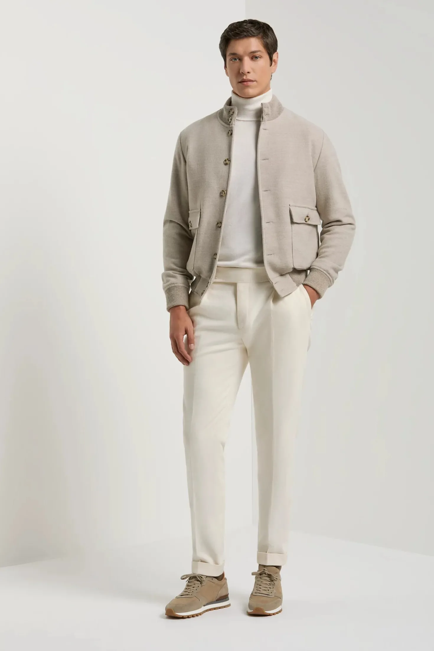 Blouson aviateur beige en flanelle de laine Super 180's – Made in Italy