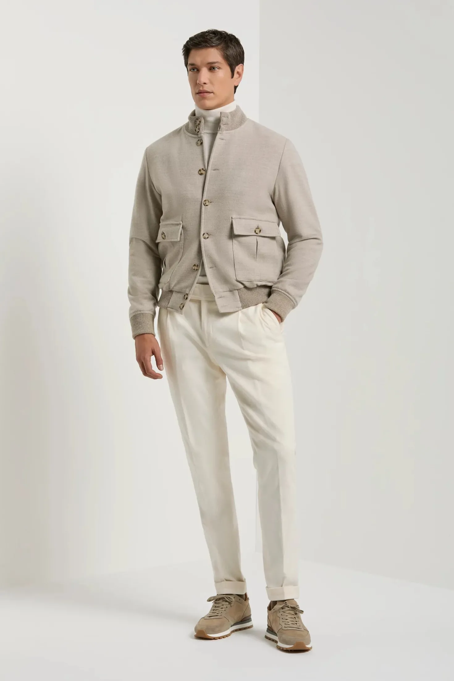 Blouson aviateur beige en flanelle de laine Super 180's – Made in Italy
