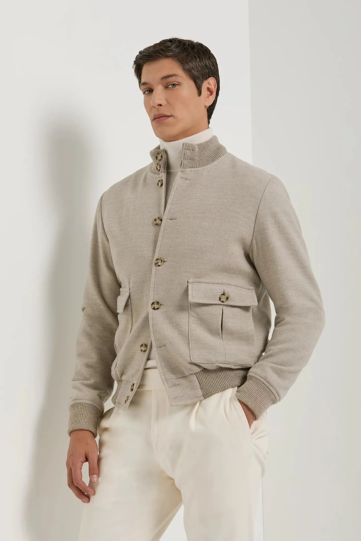 Blouson aviateur beige en flanelle de laine Super 180's – Made in Italy
