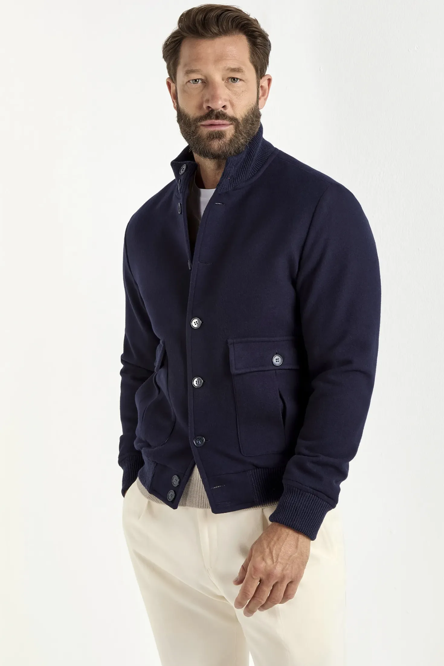Blouson bomber bleu en flanelle de laine Super 180's – Made in Italy