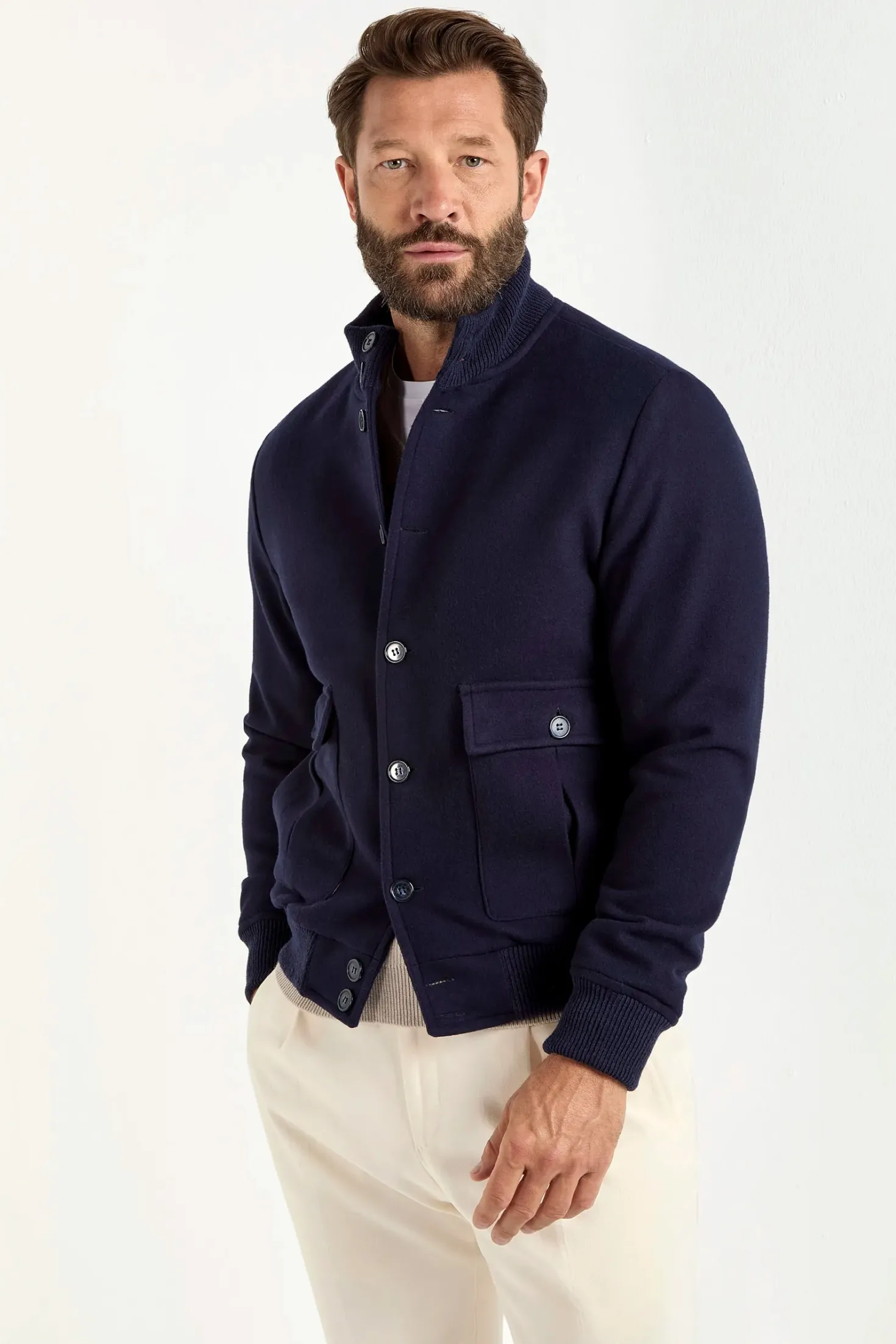 Blouson bomber bleu en flanelle de laine Super 180's – Made in Italy