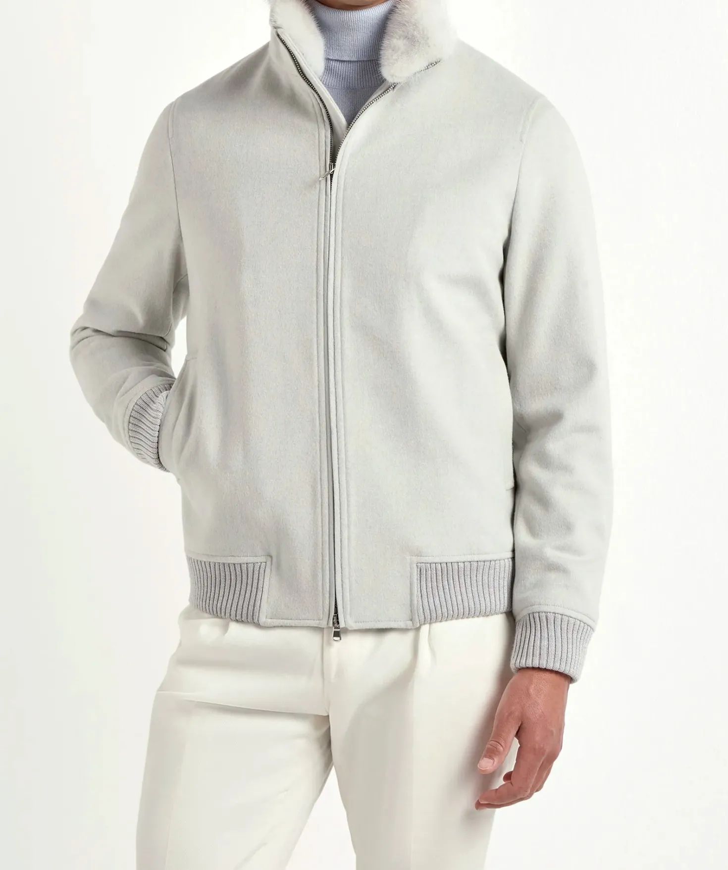 Bomber Blanc cassé à col en vison - Made in Italy
