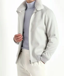 Bomber Blanc cassé à col en vison - Made in Italy