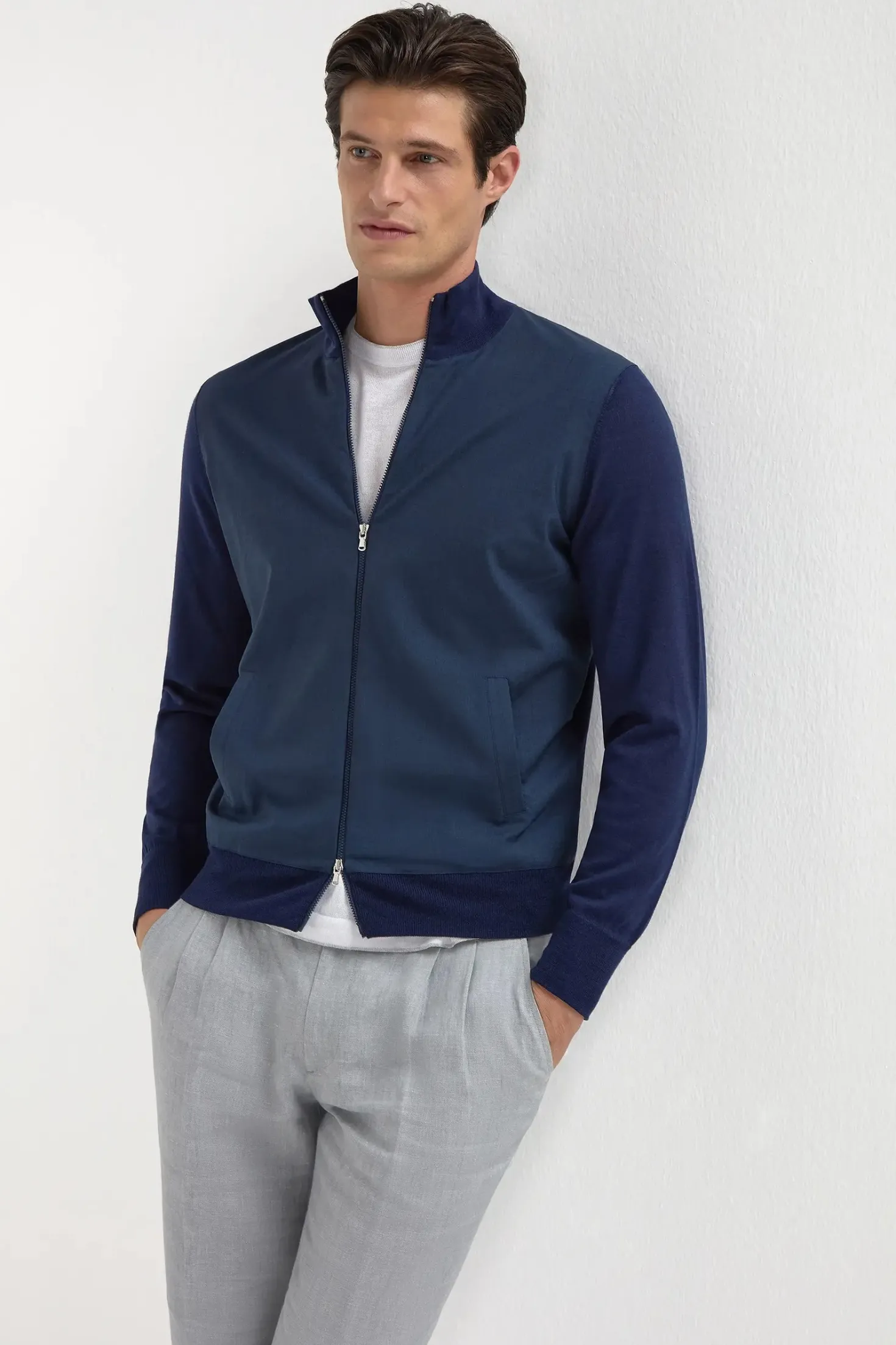 Bomber bleu en laine et maille - Made in Italy