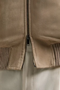 Bomber à capuche en daim taupe - Made in Italy