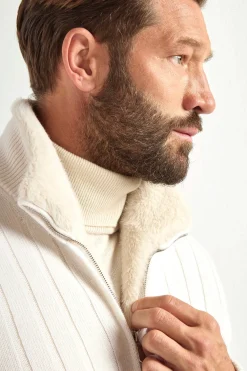 Bomber côtelé en cachemire Blanc cassé avec fourrure - Made in Italy