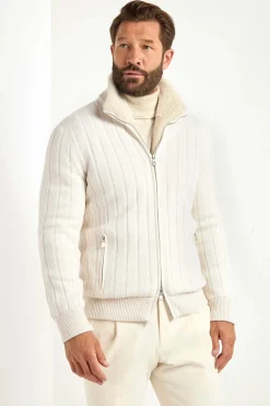 Bomber côtelé en cachemire Blanc cassé avec fourrure - Made in Italy
