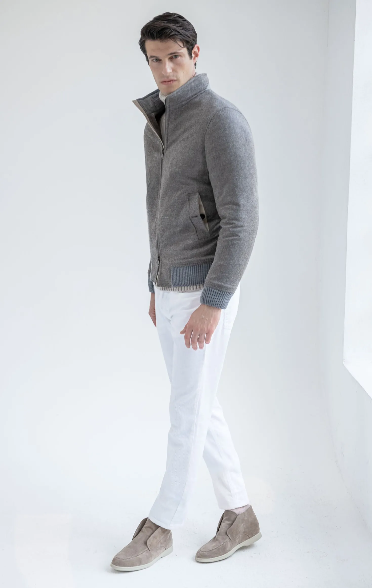 Bomber en duvet taupe en laine et cachemire – Made in Italy