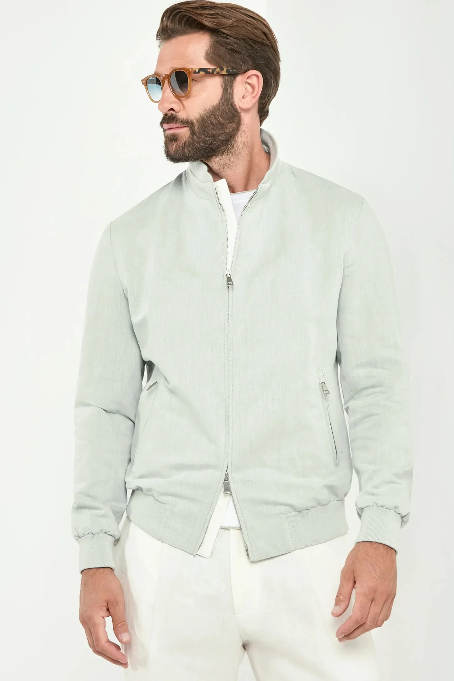 Bomber en lin et coton sauge clair - Made in Italy