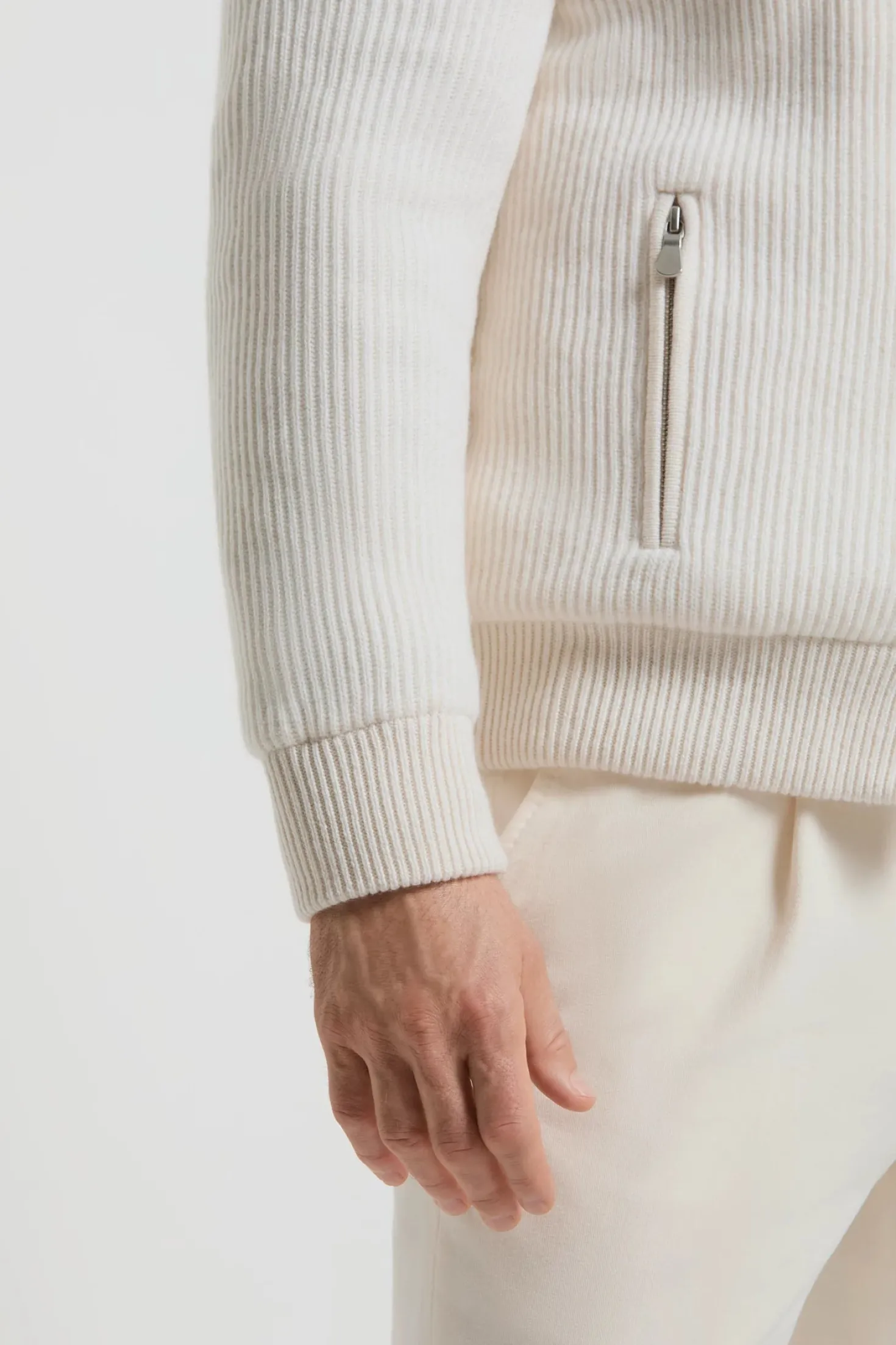 Bomber en maille de cachemire Blanc cassé avec fourrure - Made in Italy