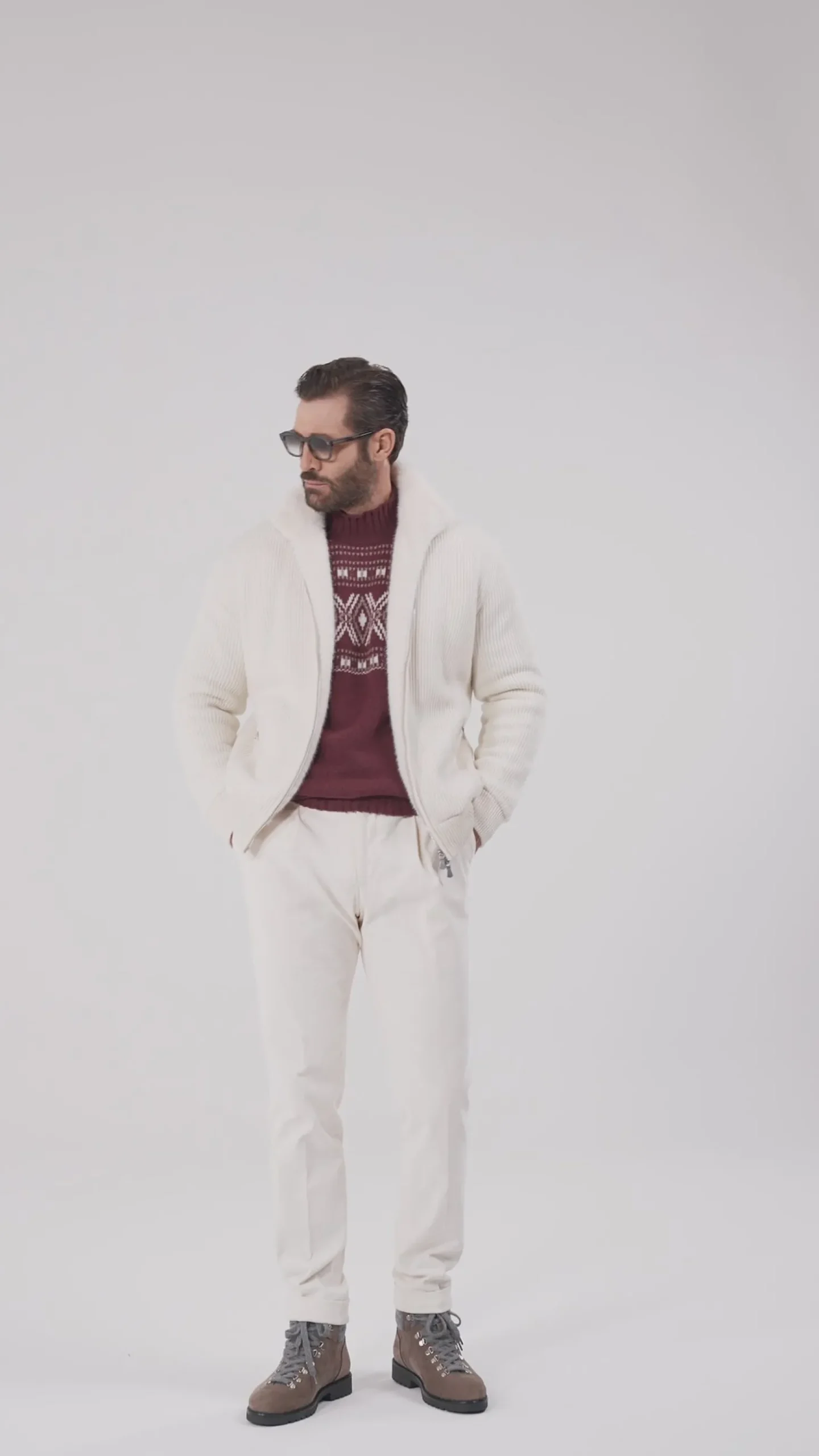 Bomber en maille de cachemire Blanc cassé avec fourrure - Made in Italy