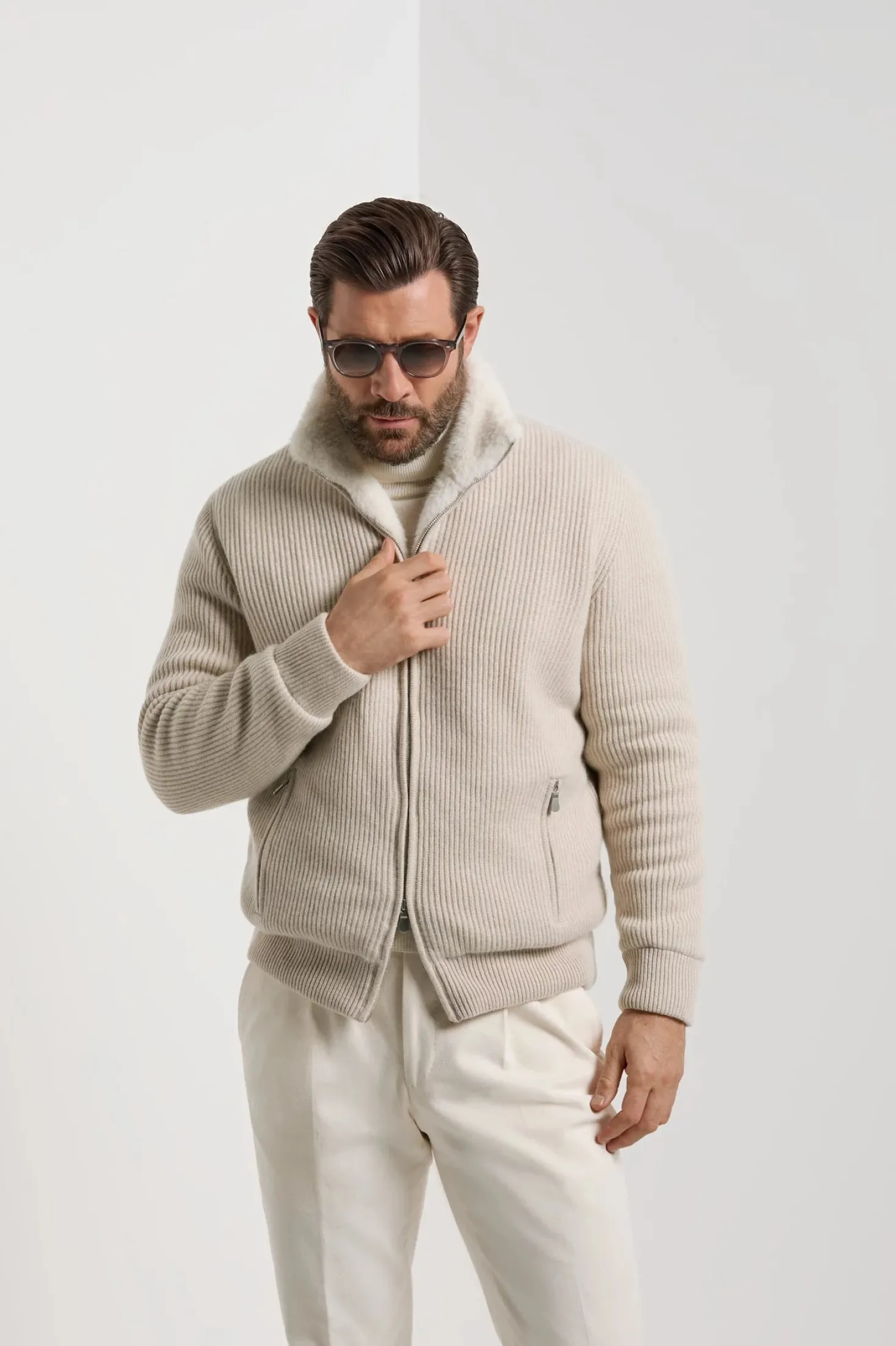 Bomber en maille de cachemire sable avec fourrure - Made in Italy