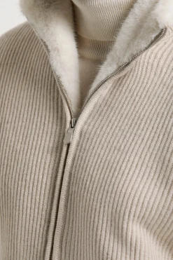 Bomber en maille de cachemire sable avec fourrure - Made in Italy