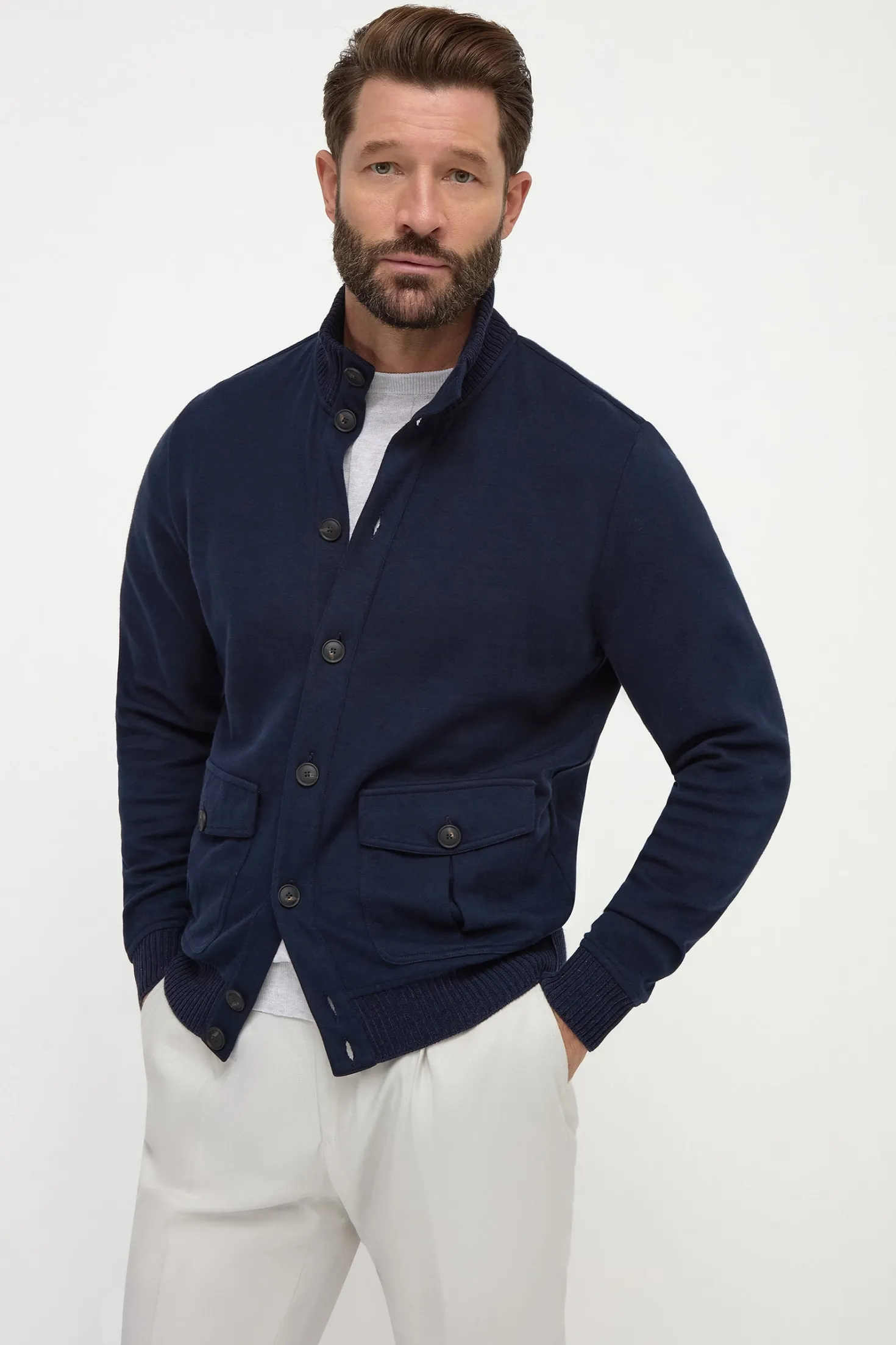 Bomber en maille de coton bleu – Made in Italy