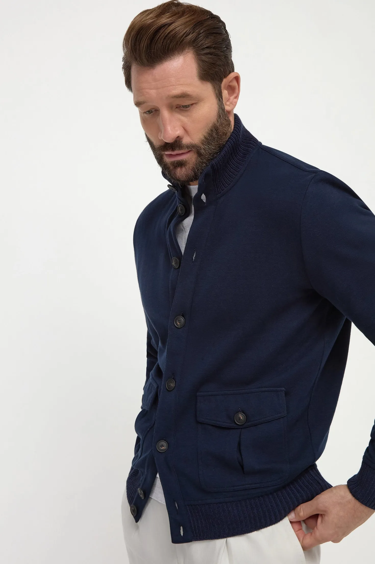 Bomber en maille de coton bleu – Made in Italy