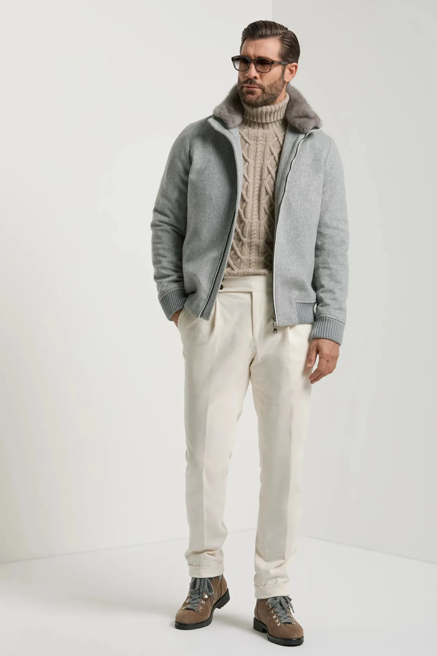Bomber gris à col en vison - Made in Italy