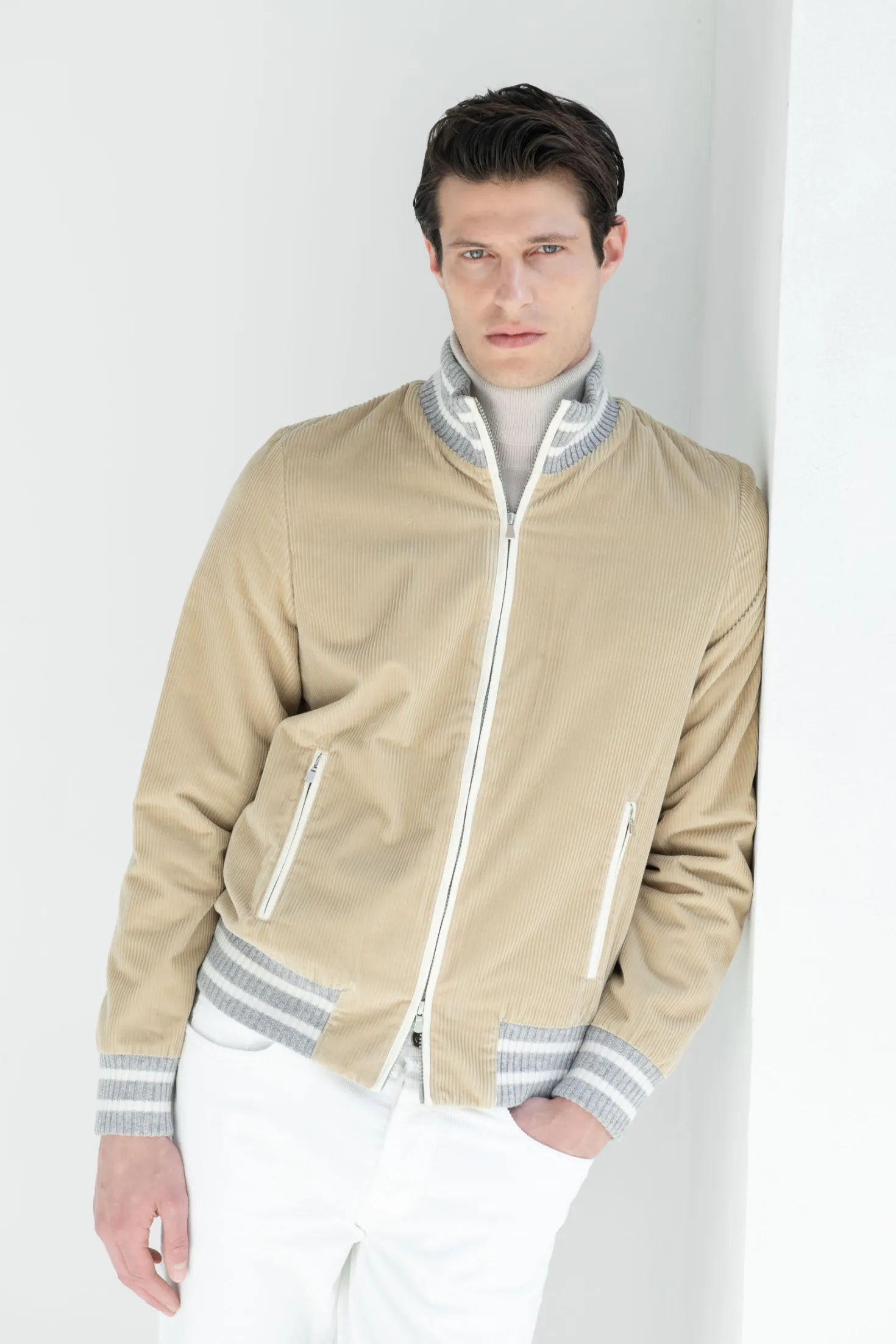 Bomber universitaire en velours côtelé beige - Made in Italy