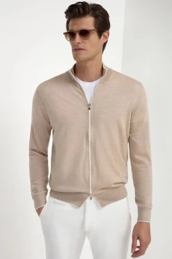 Cardigan zippé en laine de Tasmanie taupe - Made in Italy