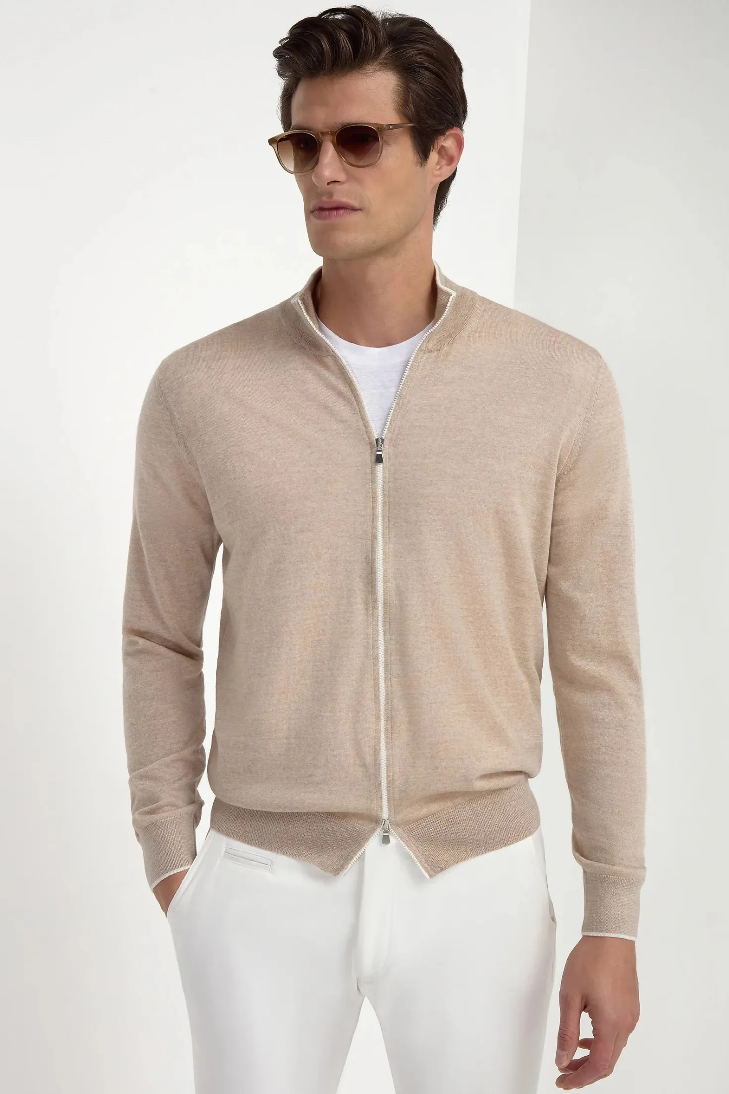 Cardigan zippé en laine de Tasmanie taupe - Made in Italy