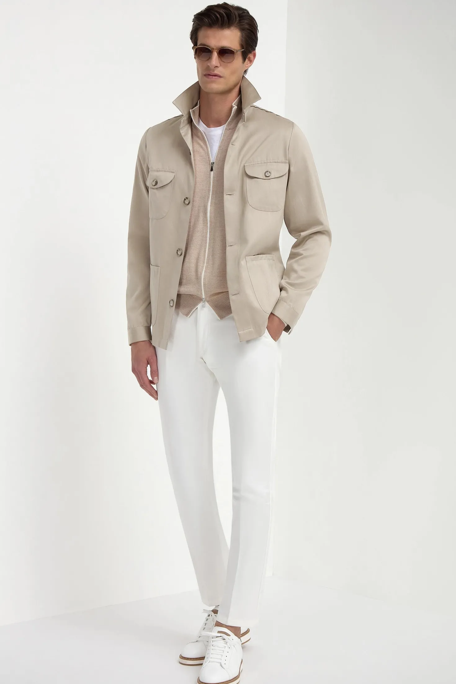Cardigan zippé en laine de Tasmanie taupe - Made in Italy