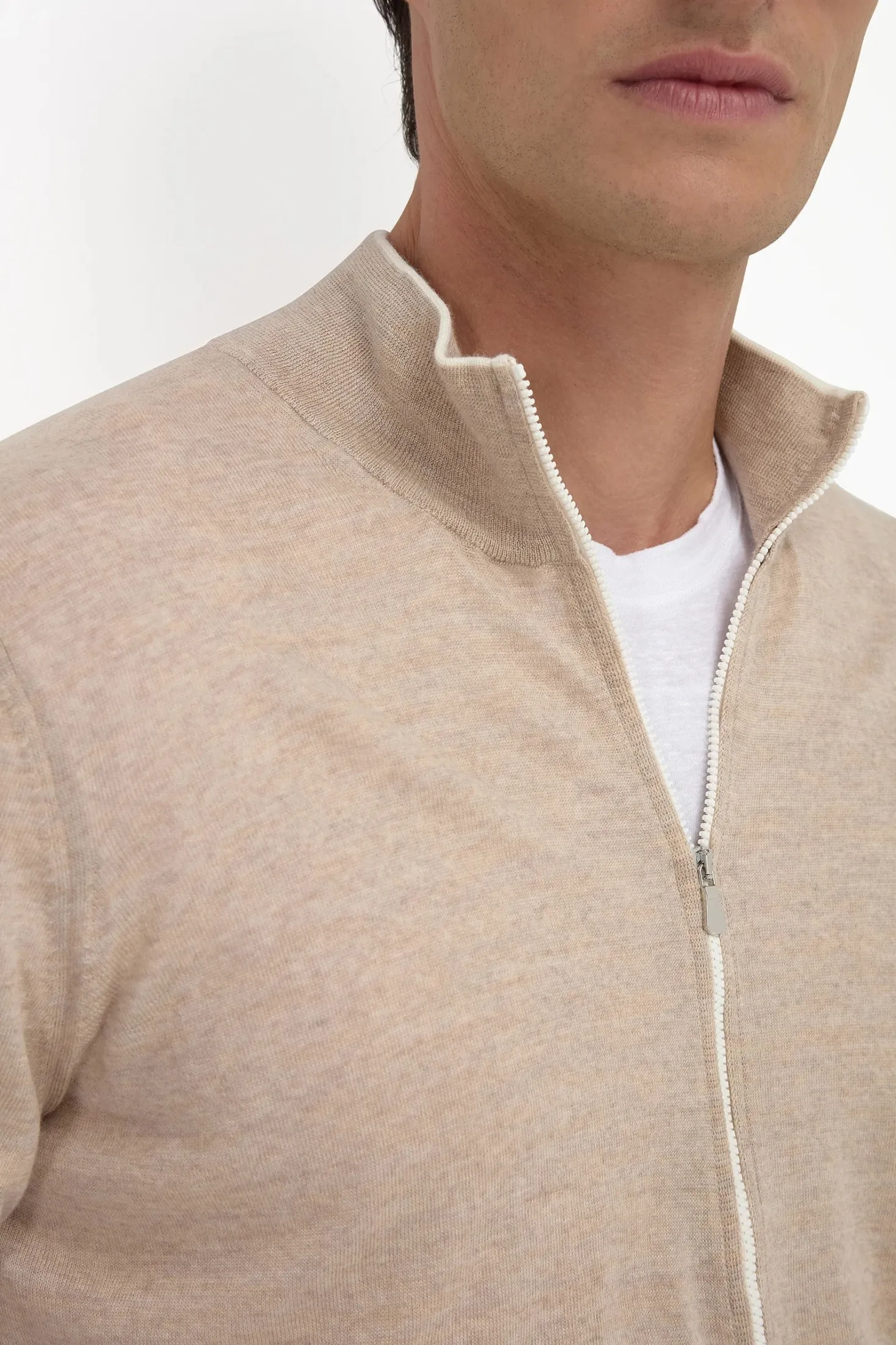 Cardigan zippé en laine de Tasmanie taupe - Made in Italy
