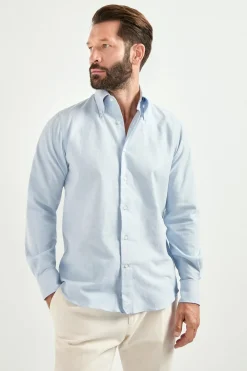 Chemise à col boutonné bleu clair en coton brossé - Made in Italy