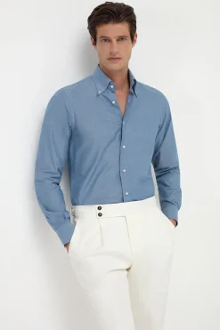 Chemise à col boutonné en chambray bleu - Made in Italy