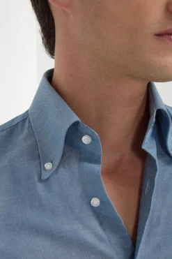 Chemise à col boutonné en chambray bleu - Made in Italy