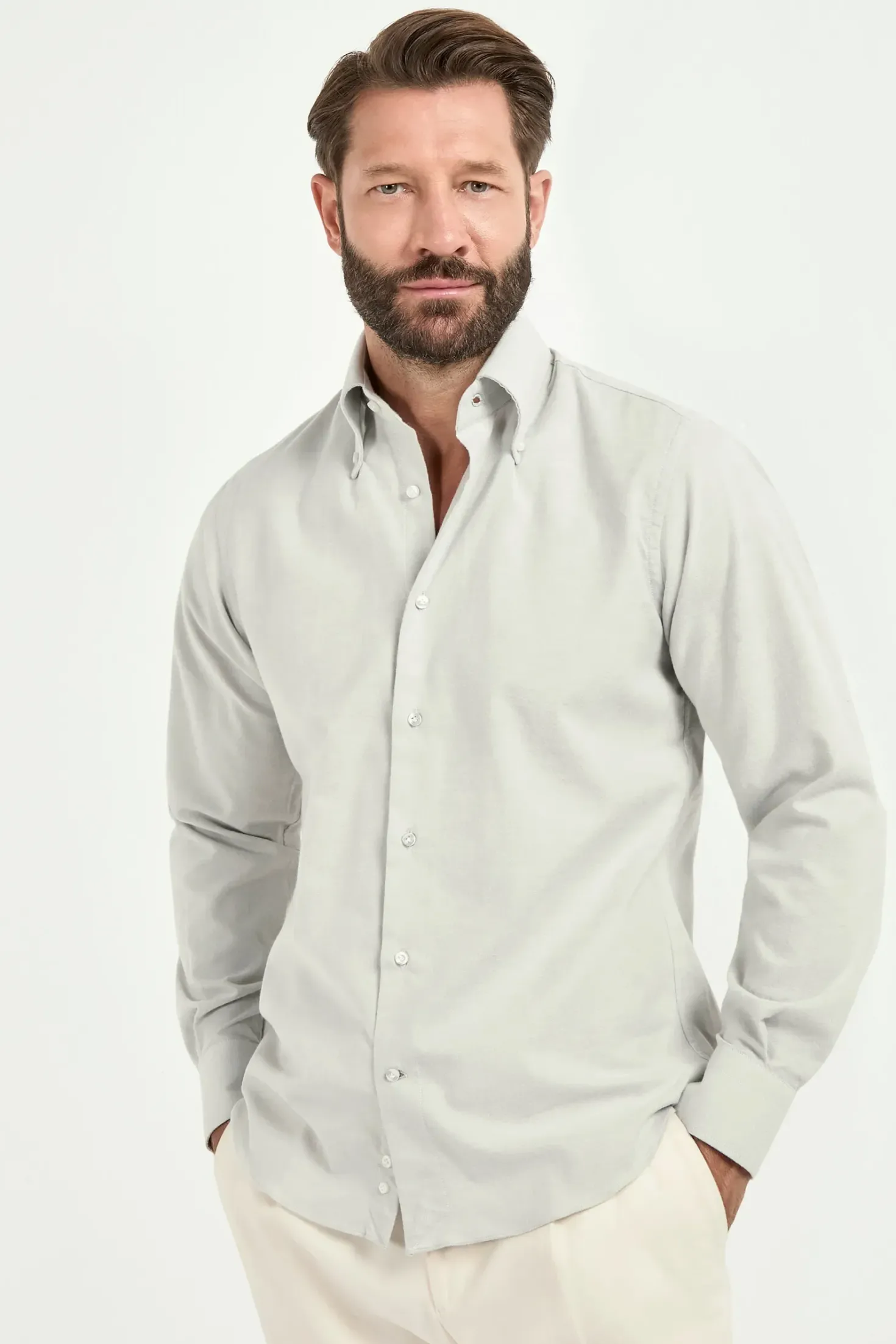 Chemise à col boutonné grise en coton brossé - Made in Italy