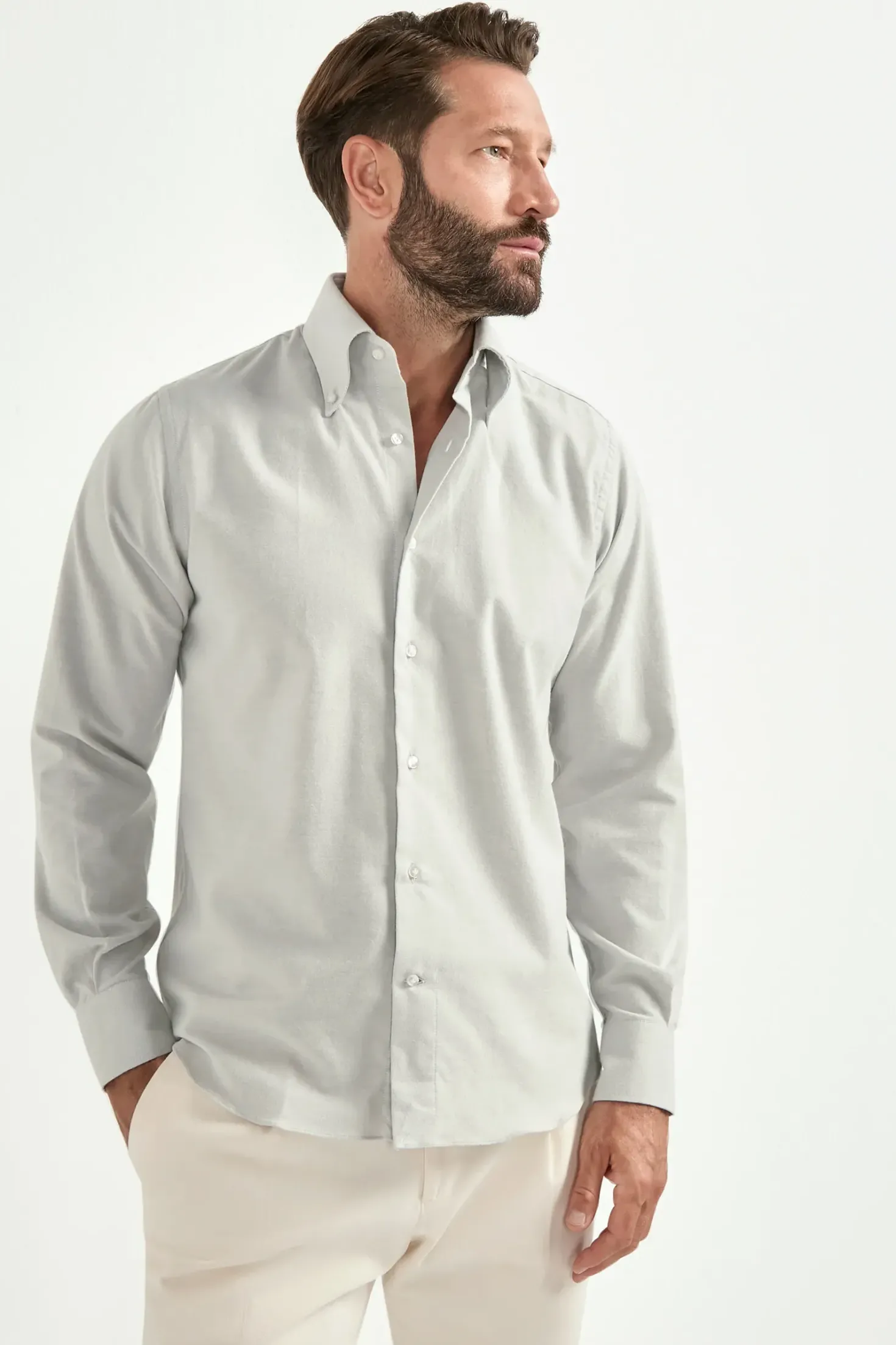 Chemise à col boutonné grise en coton brossé - Made in Italy