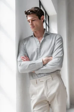 Chemise en coton et Tencel™ à chevrons gris clair - Made in Italy