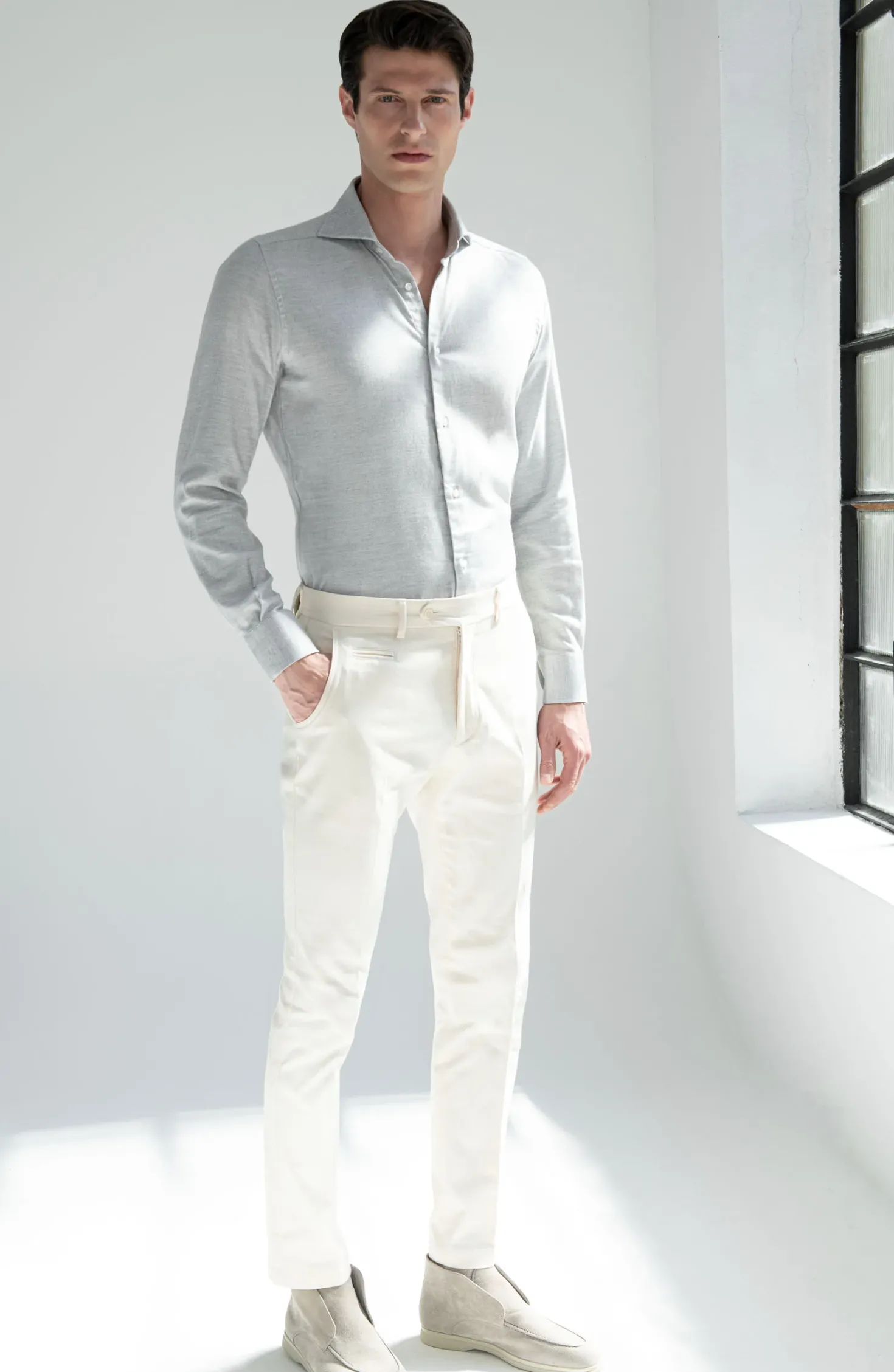Chemise en coton et Tencel™ à chevrons gris clair - Made in Italy