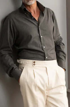 Chemise grise en coton brossé à col boutonné - Made in Italy