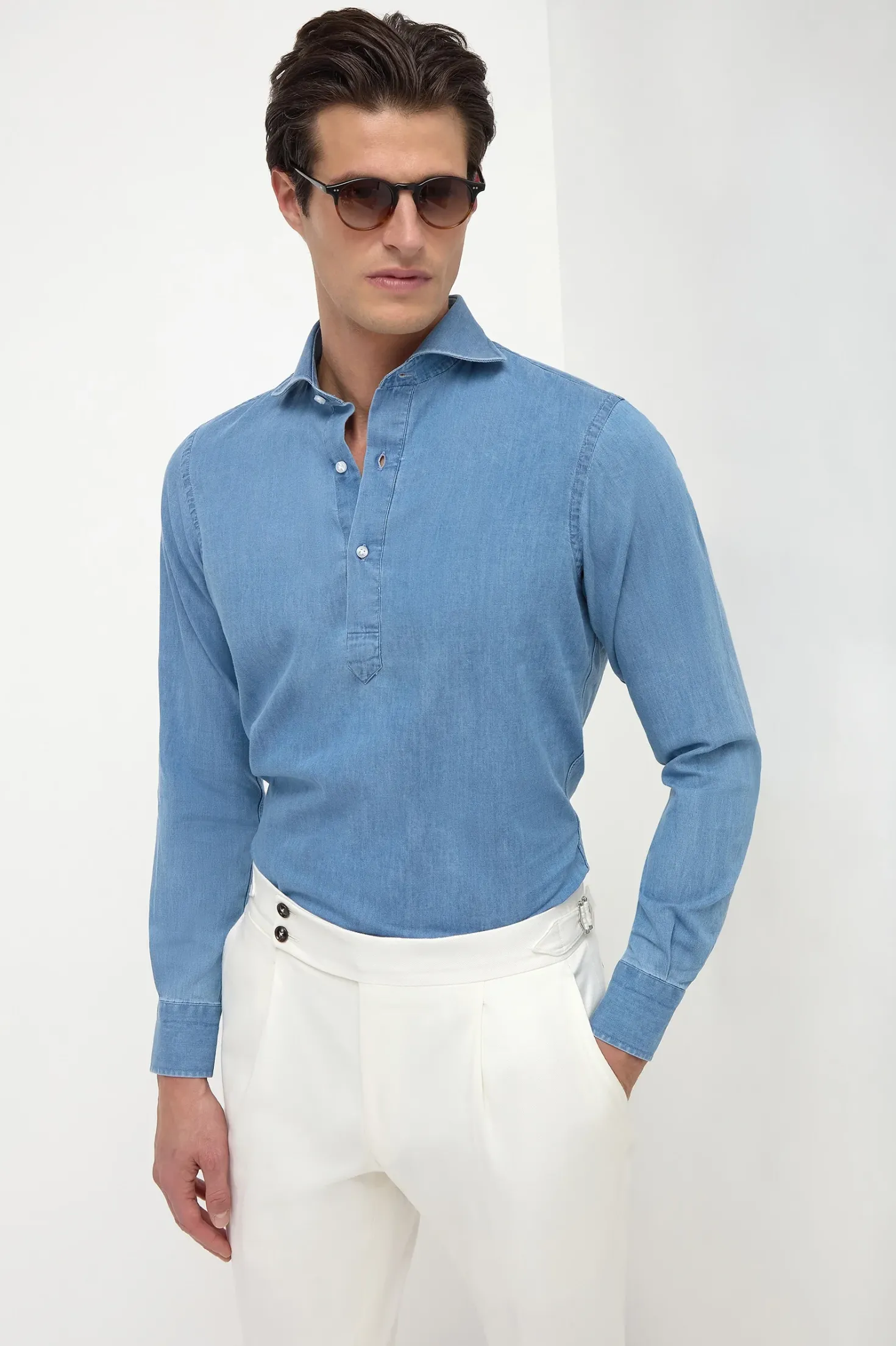Chemise popover en denim bleu clair - Made in Italy