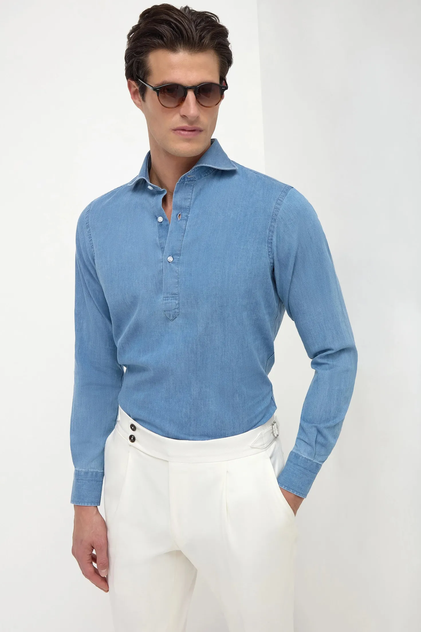 Chemise popover en denim bleu clair - Made in Italy