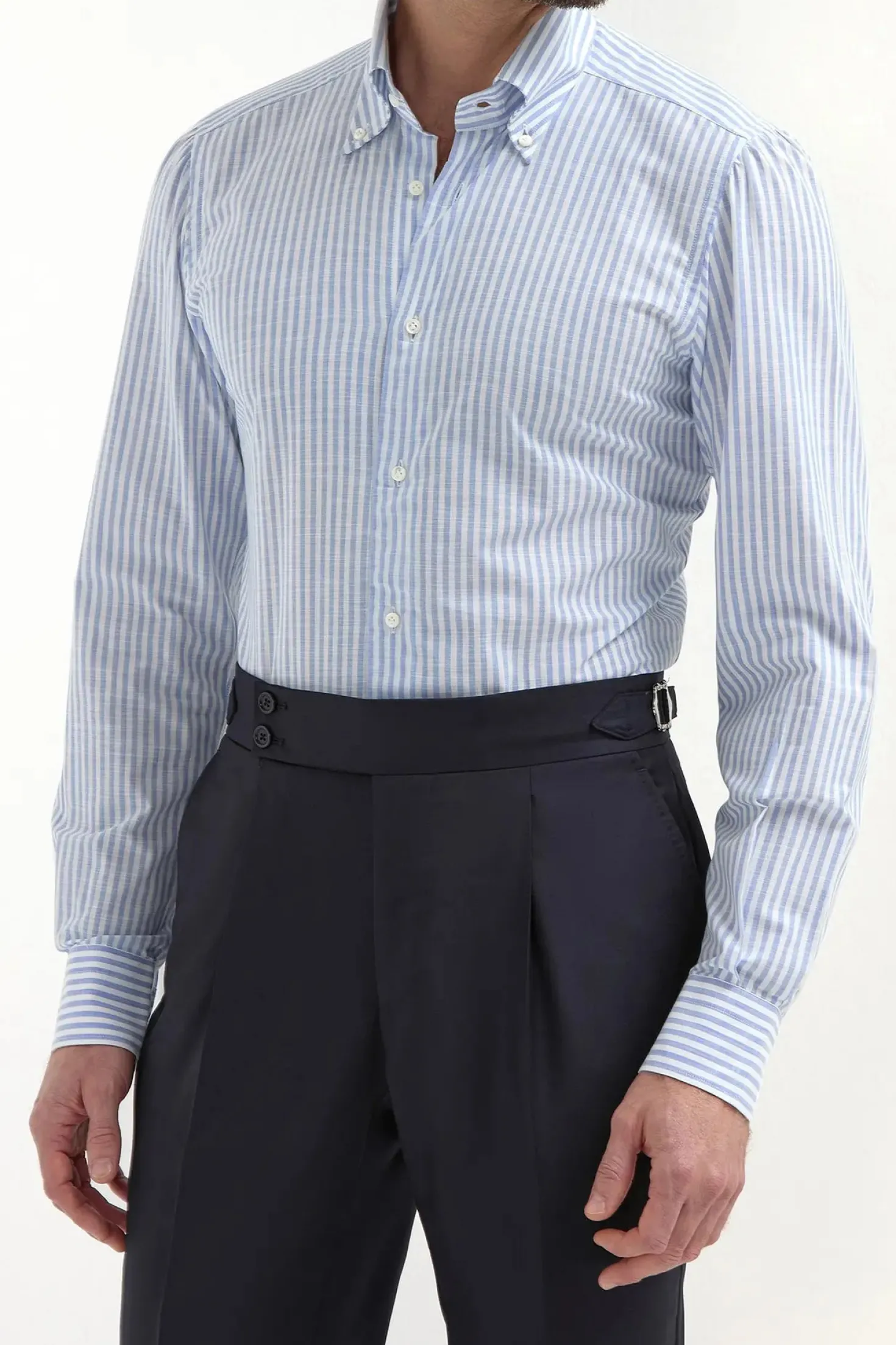 Chemise rayée bleu clair à col boutonné « collection Sartoriale » - Made in Italy