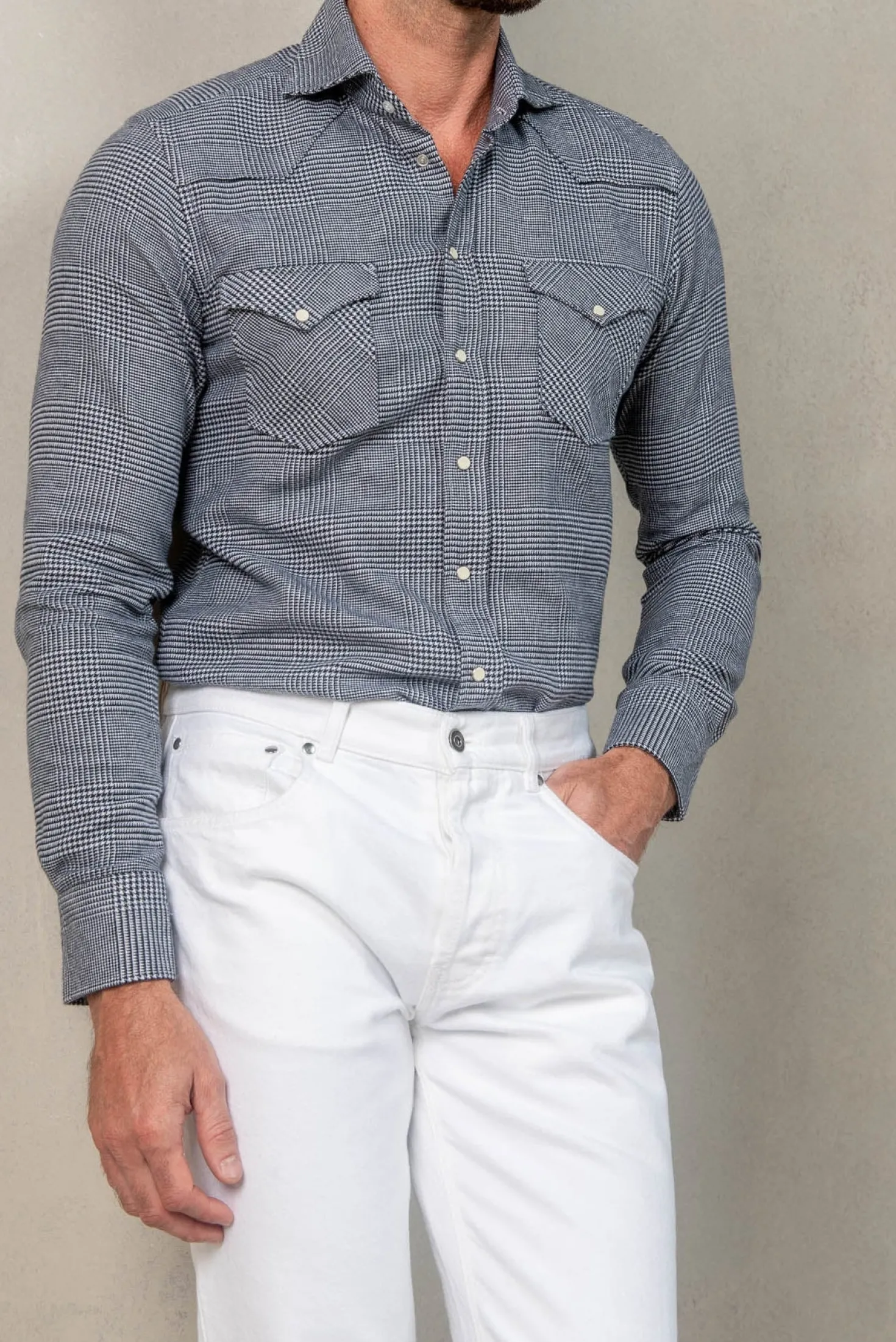 Chemise western bleue Prince de Galles - Made in Italy