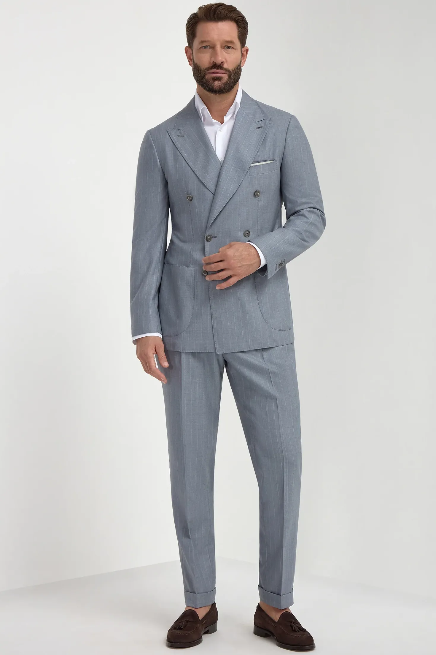 Costume Bleu clair croisé à rayures fines Super 150's - Made in Italy
