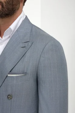 Costume Bleu clair croisé à rayures fines Super 150's - Made in Italy