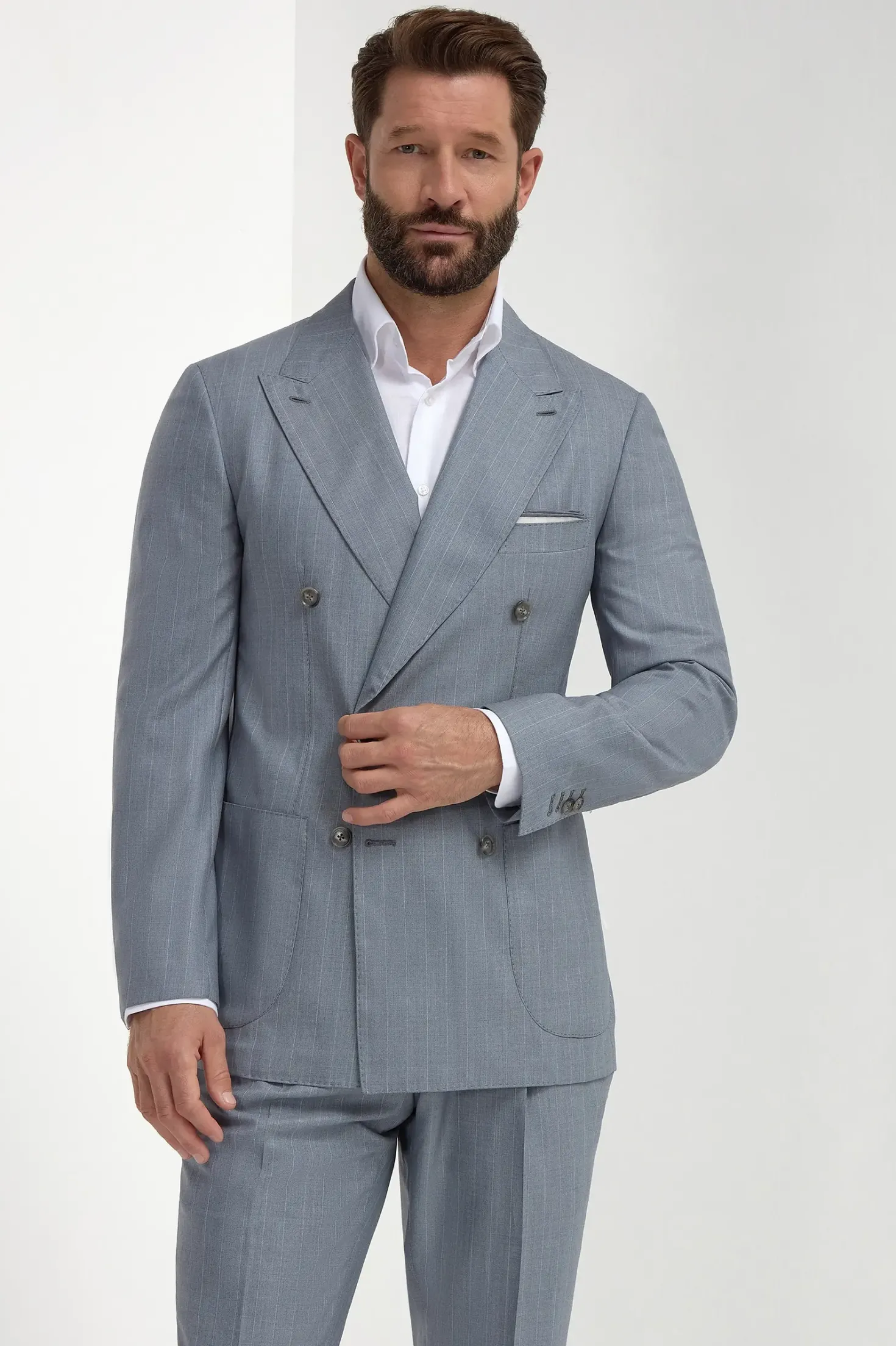 Costume Bleu clair croisé à rayures fines Super 150's - Made in Italy