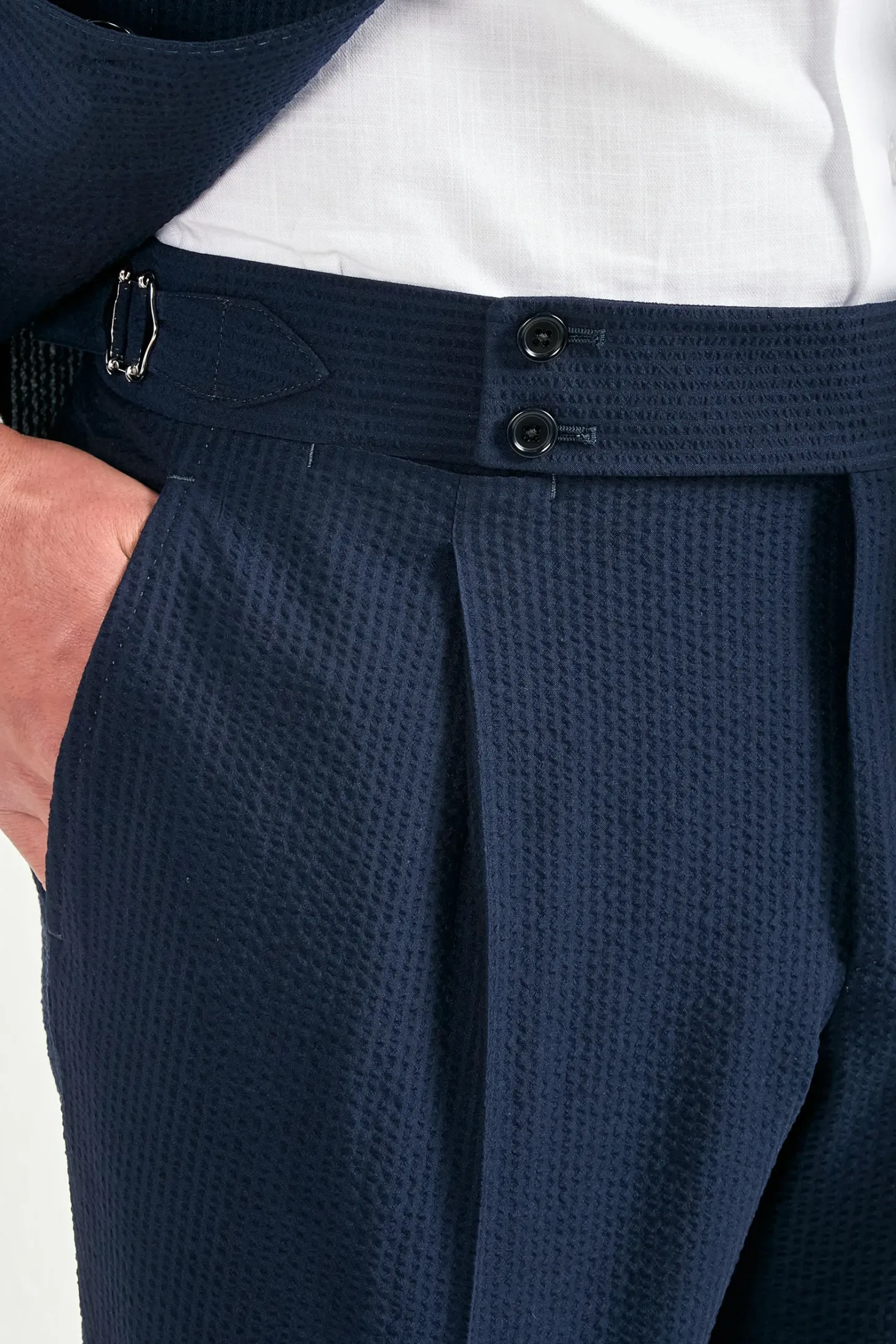 Costume bleu en laine et soie seersucker - Made in Italy