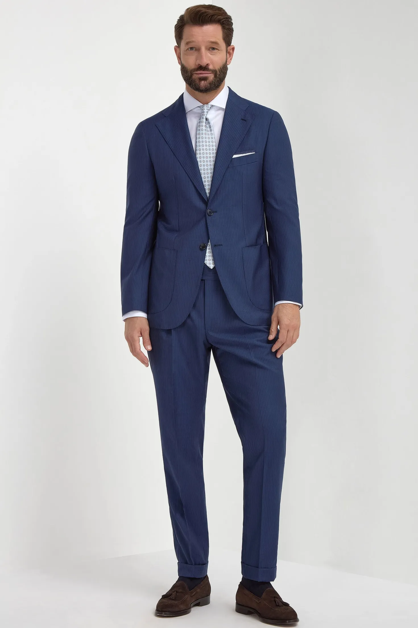 Costume en laine bleu croisé à rayures fines - Made in Italy