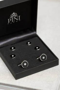 Ensemble de boutons de manchette et boutons de plastron noirs avec détail Swarovski - Made in Italy