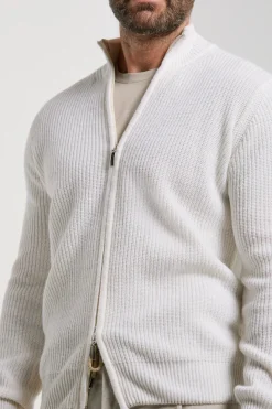 Gilet zippé blanc en mélange de cachemire côtelé – Made in Italy