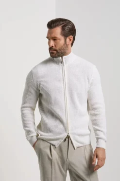Gilet zippé blanc en mélange de cachemire côtelé – Made in Italy