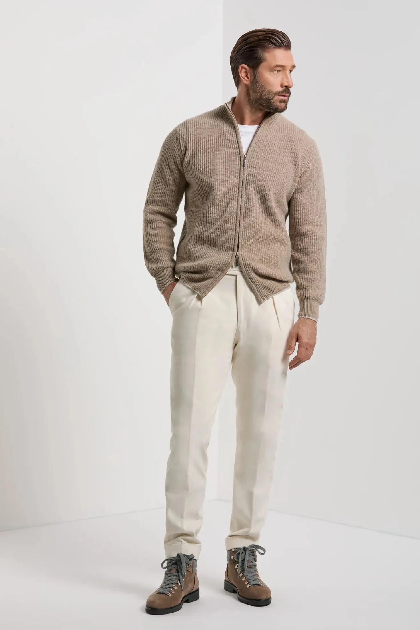 Gilet zippé taupe en mélange de cachemire côtelé – Made in Italy