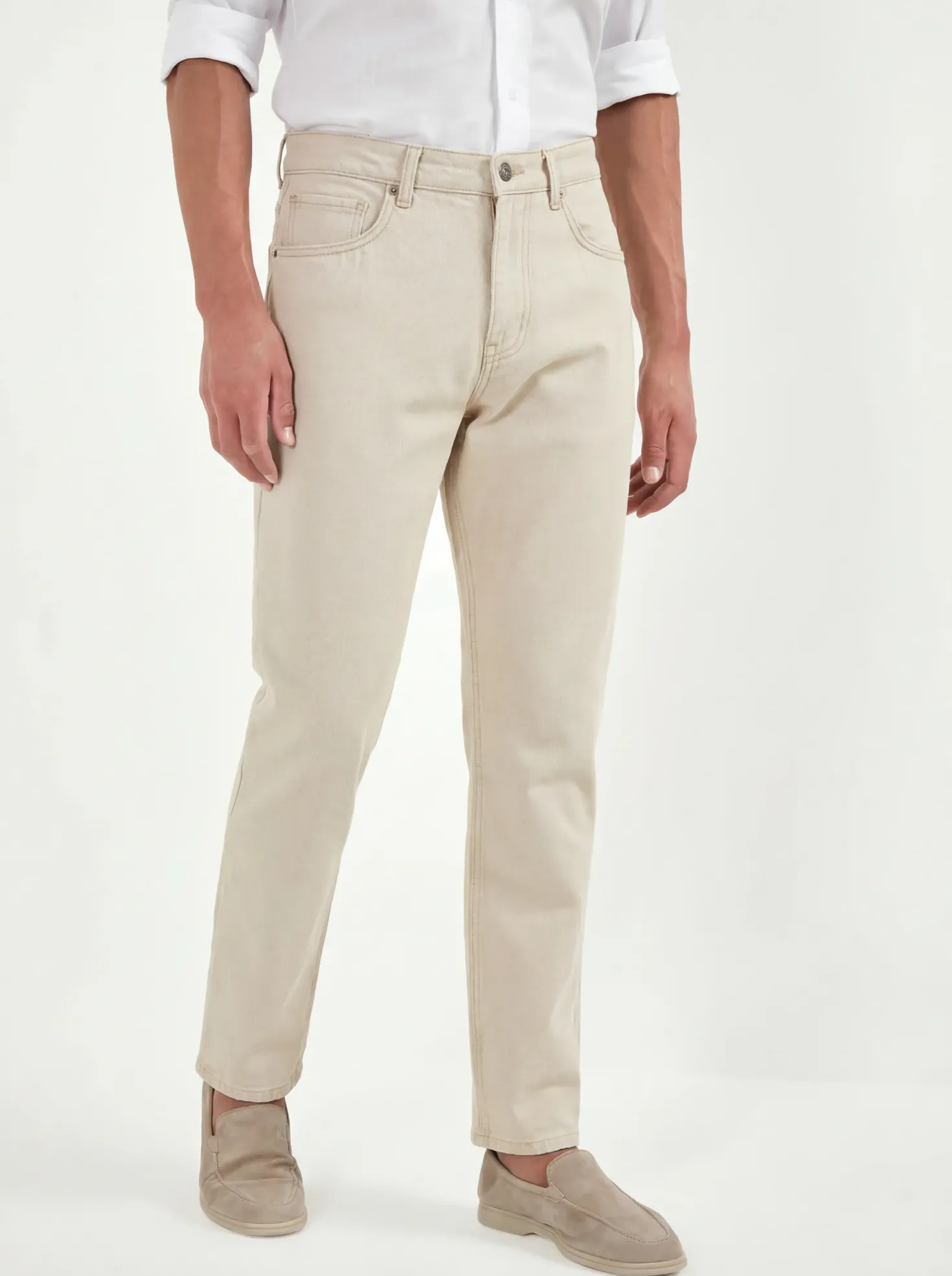 Jean droit beige en mélange de lin - Made in Italy