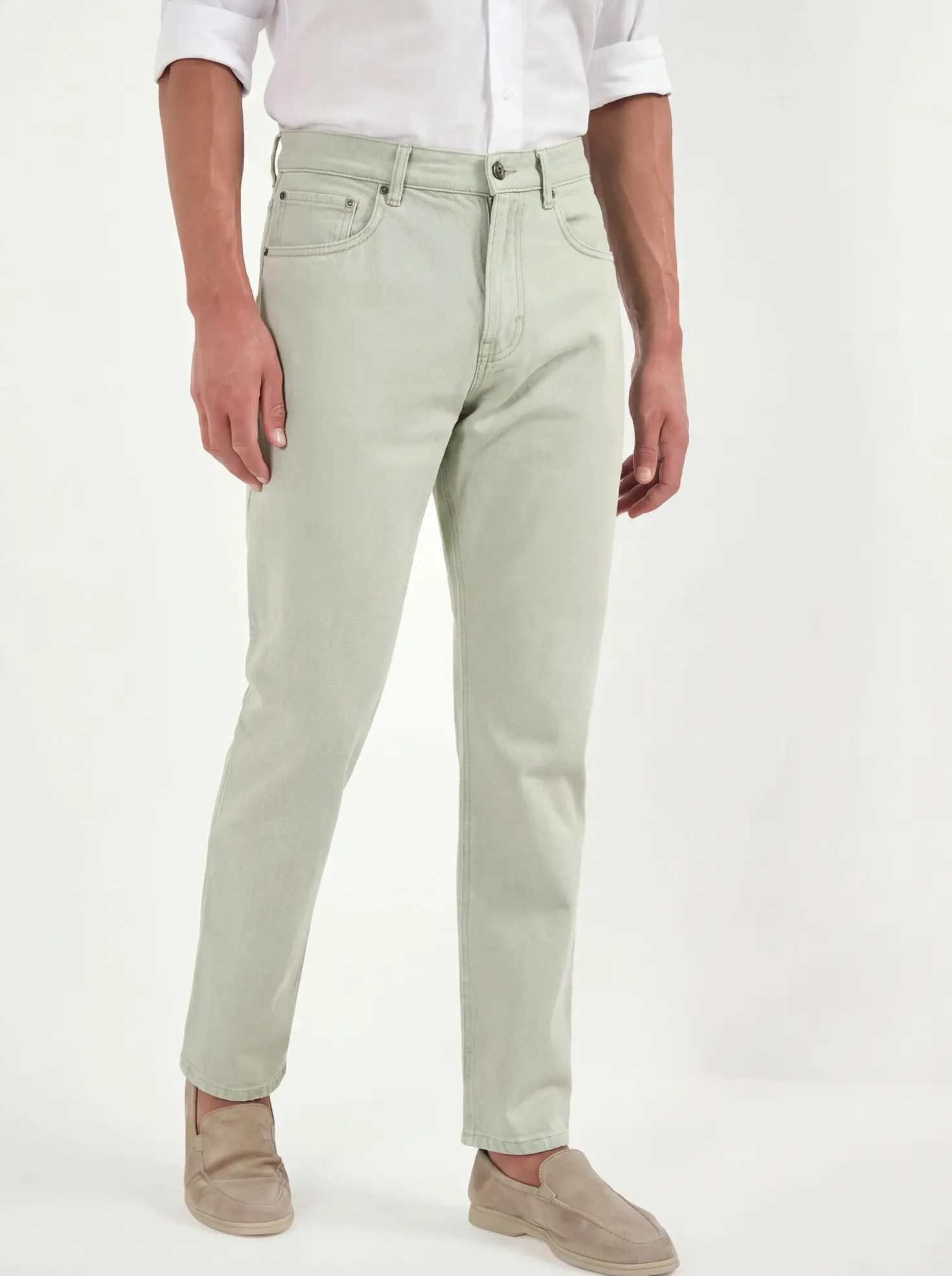 Jean droit vert clair en mélange de lin - Made in Italy